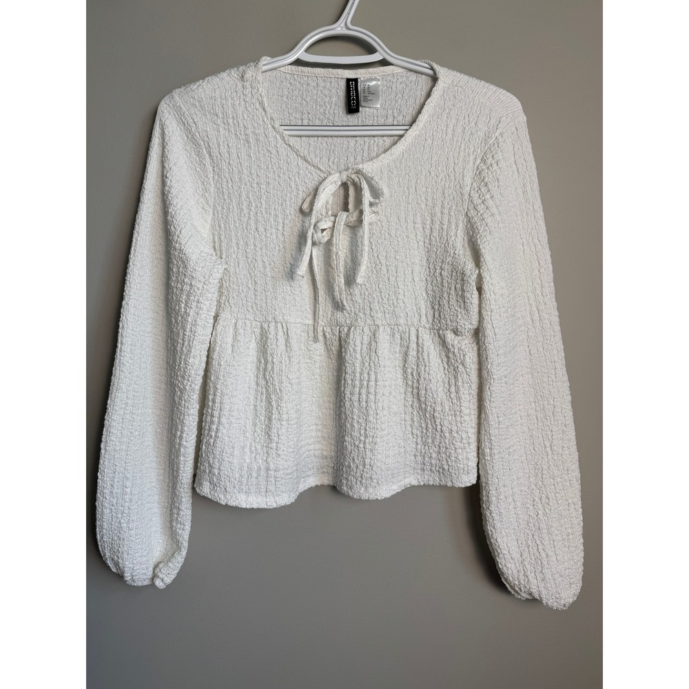 H&M Divided Tie Front Peplum Top Womens XS Ivory Boho Cottagecore Coquette